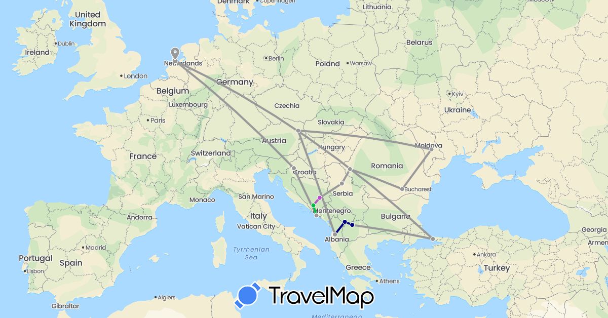 TravelMap itinerary: driving, bus, plane, train in Albania, Austria, Bosnia and Herzegovina, Croatia, Moldova, Macedonia, Netherlands, Romania, Serbia, Turkey, Kosovo (Asia, Europe)